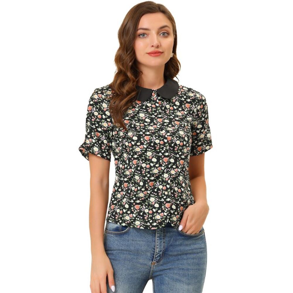 Women's Peter Pan Collar Blouse Floral Short Sleeve Button Down Shirt Top Black